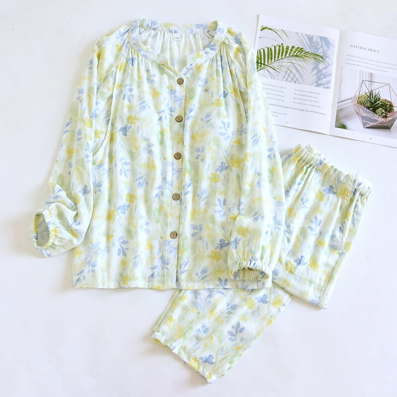 New Bamboo Fiber Postpartum Clothing, Loose-Fitting Maternity and Nursing Wear, Cotton Gauze Long-Sleeve Set with Chest Pads, Breathable Home Wear Set