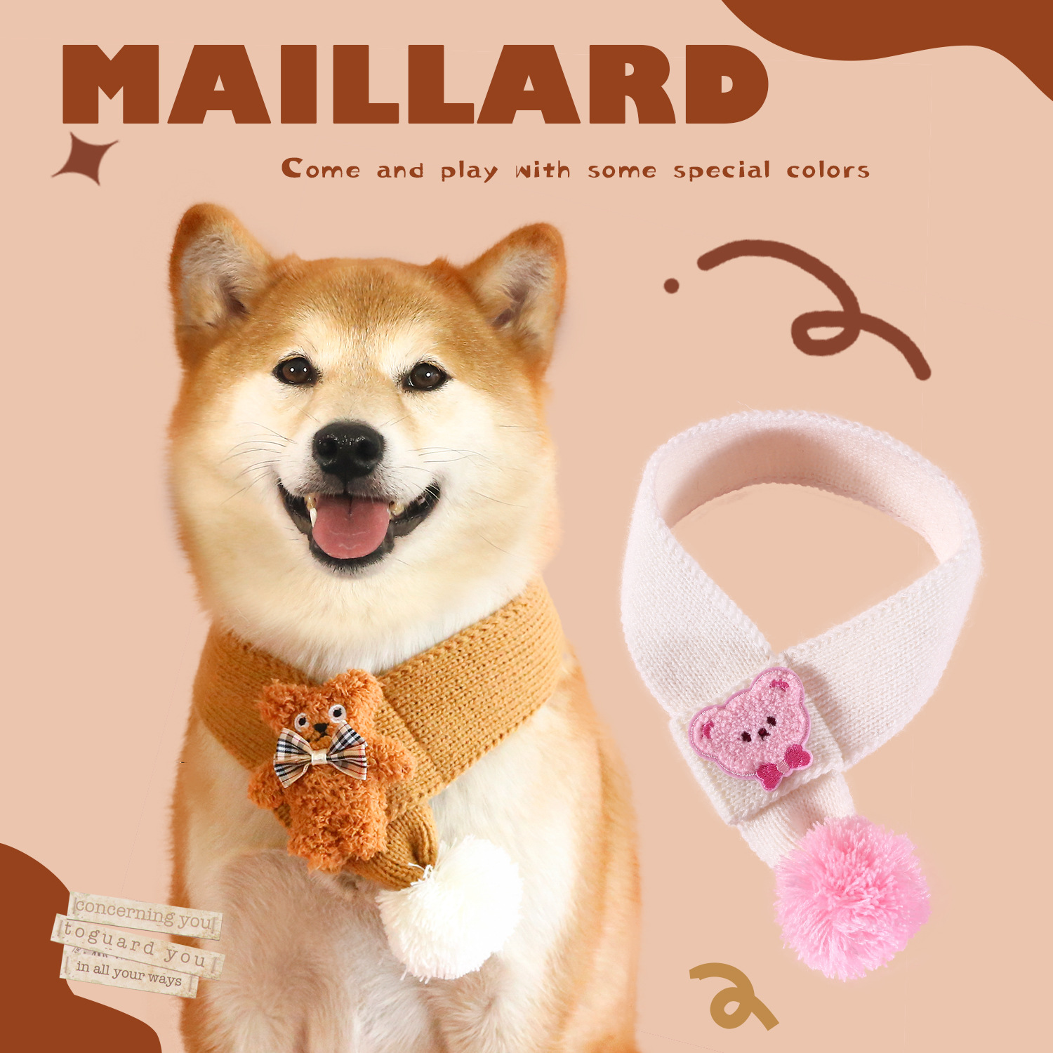 Mascota de dibujos animados bufanda de lana de punto Maillard Rosa bordado oso Corgi Shiba Inu medio perro bufanda caliente
