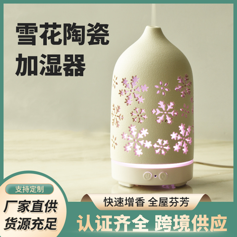 Manufacturers supply ceramic aromatherapy humidifier multi-color atmosphere light mute essential oil diffuser snowflake ceramic aroma machine