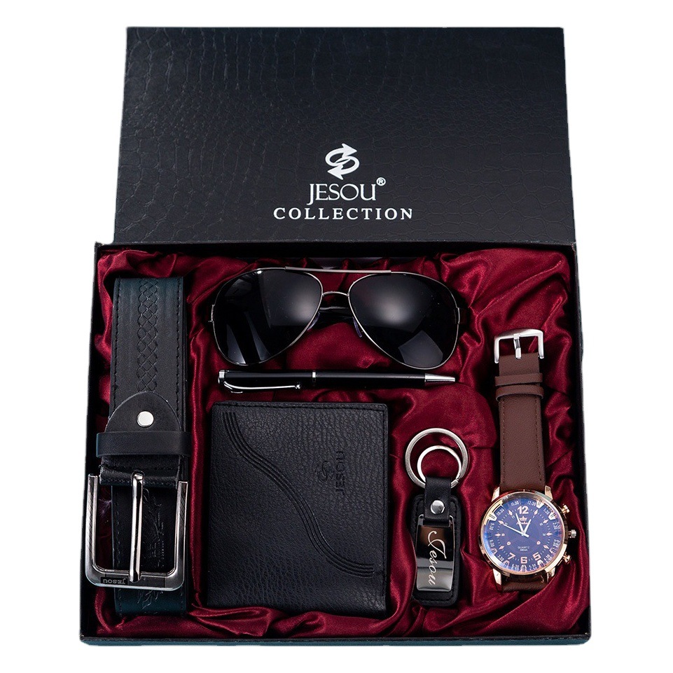 Reloj de los hombres traje de regalo falso de dos ojos reloj de cuarzo gafas + cinturón + cartera + llavero + + conjunto de la pluma