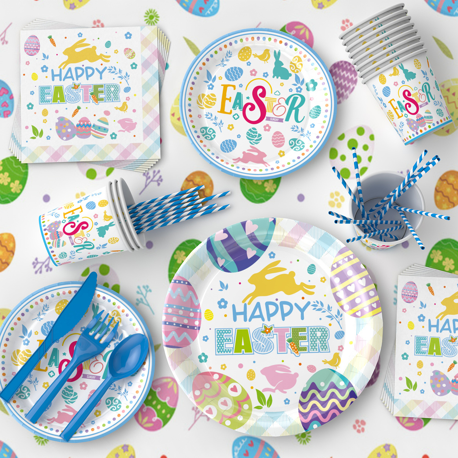 Nuevo conejo de Pascua huevo tema partido vajilla suministros vacaciones placa papel desechable mantel traje Decoración