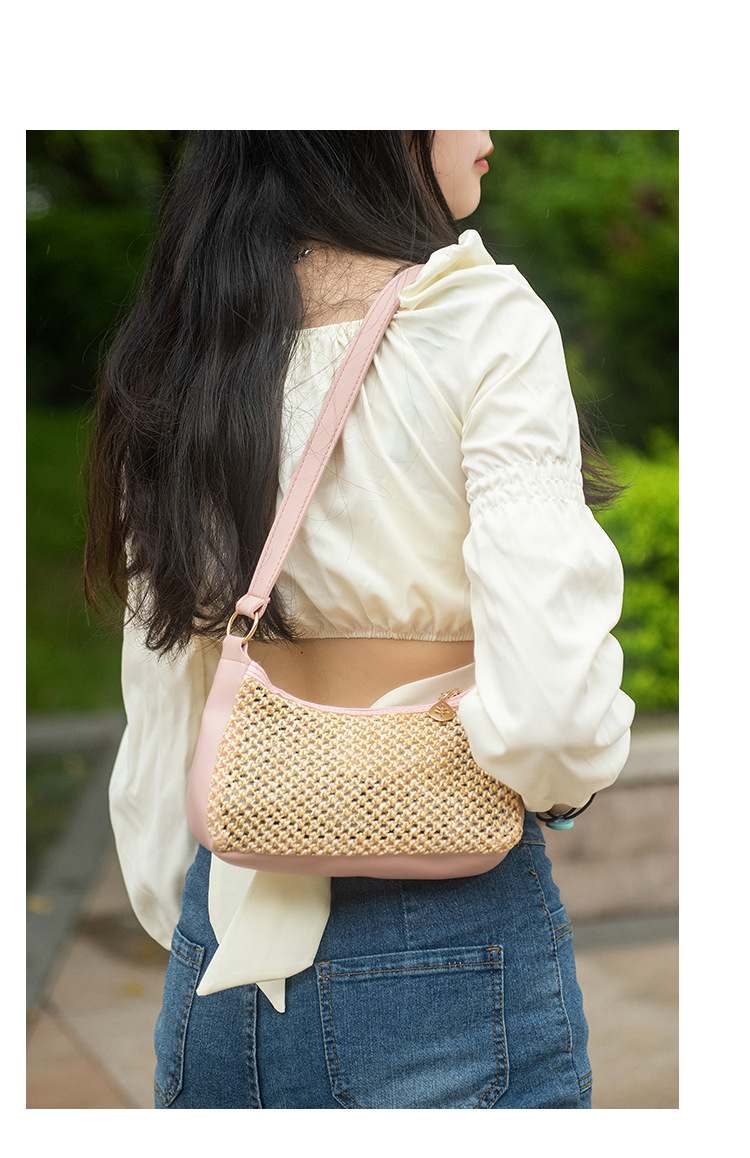 276g Weight Polyester Lining Material Women's Small Straw Color Block Basic Vacation Dumpling Shape Zipper Shoulder Bag Crossbody Bag Straw Bag