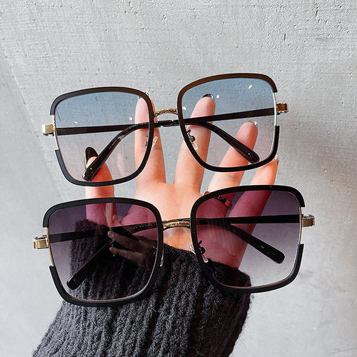 Qianai's new metal sunglasses, women's trendy Korean style personalized two-color electroplated large square sunglasses, anti-UV glasses