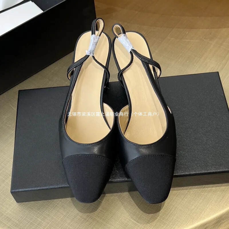 In-Stock New 2025 Chanel-Style Sandals for Women, High Heels, Closed-Toe Versatile Color-Blocked Shallow Mouth Single Shoes, Genuine Leather