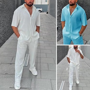 2024 European and American Cross-Border Men's Casual Loose Beach Wear Solid Color Short-Sleeved Suit Southeast Asian Men's Shirt Two-Piece Set