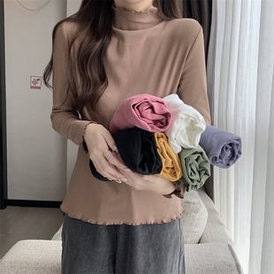 Derong Half-High Collar Ruffle Bottoming Shirt Autumn and Winter New High-Elastic Slim-Fit Simple Versatile Inner Top for Women