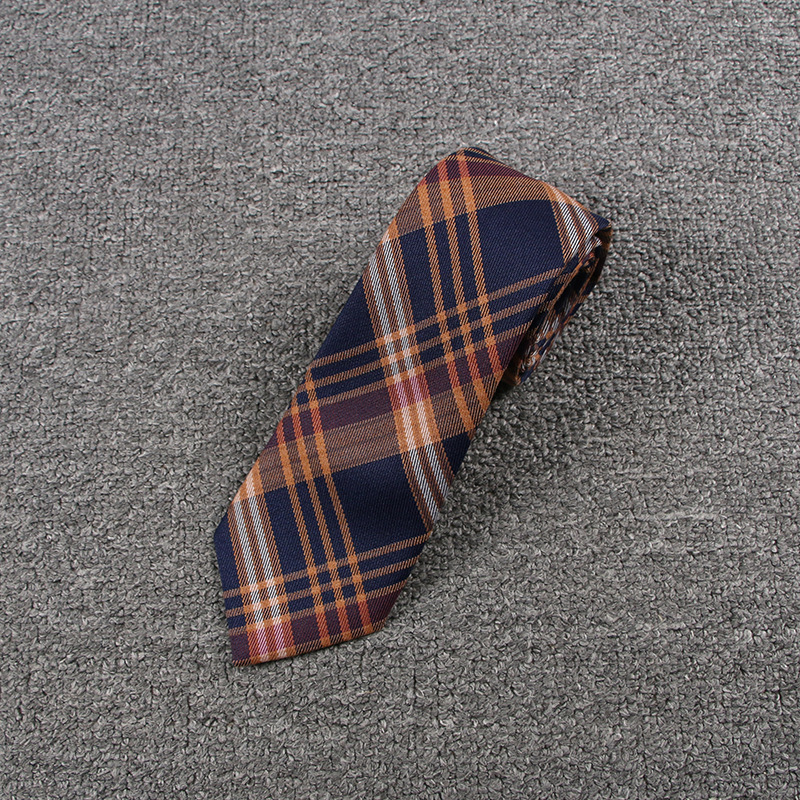 蓝间红棕格领带