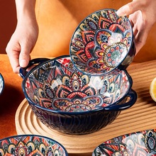 T^波西米亚陶瓷碗碟餐具套装家用日式饭碗双耳汤盆汤碗面碗盘子菜
