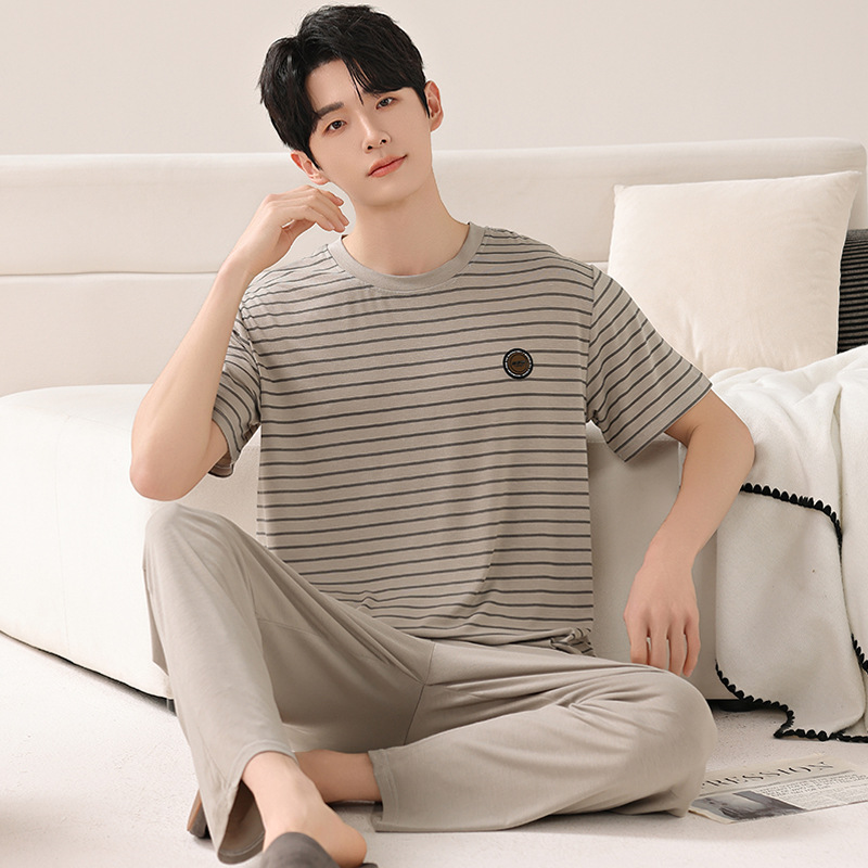 남성용 잠옷 여름 얇은 모달 반팔 바지 정장 청소년 5XL 초대형 사이즈 홈웨어 외부 착용 가능