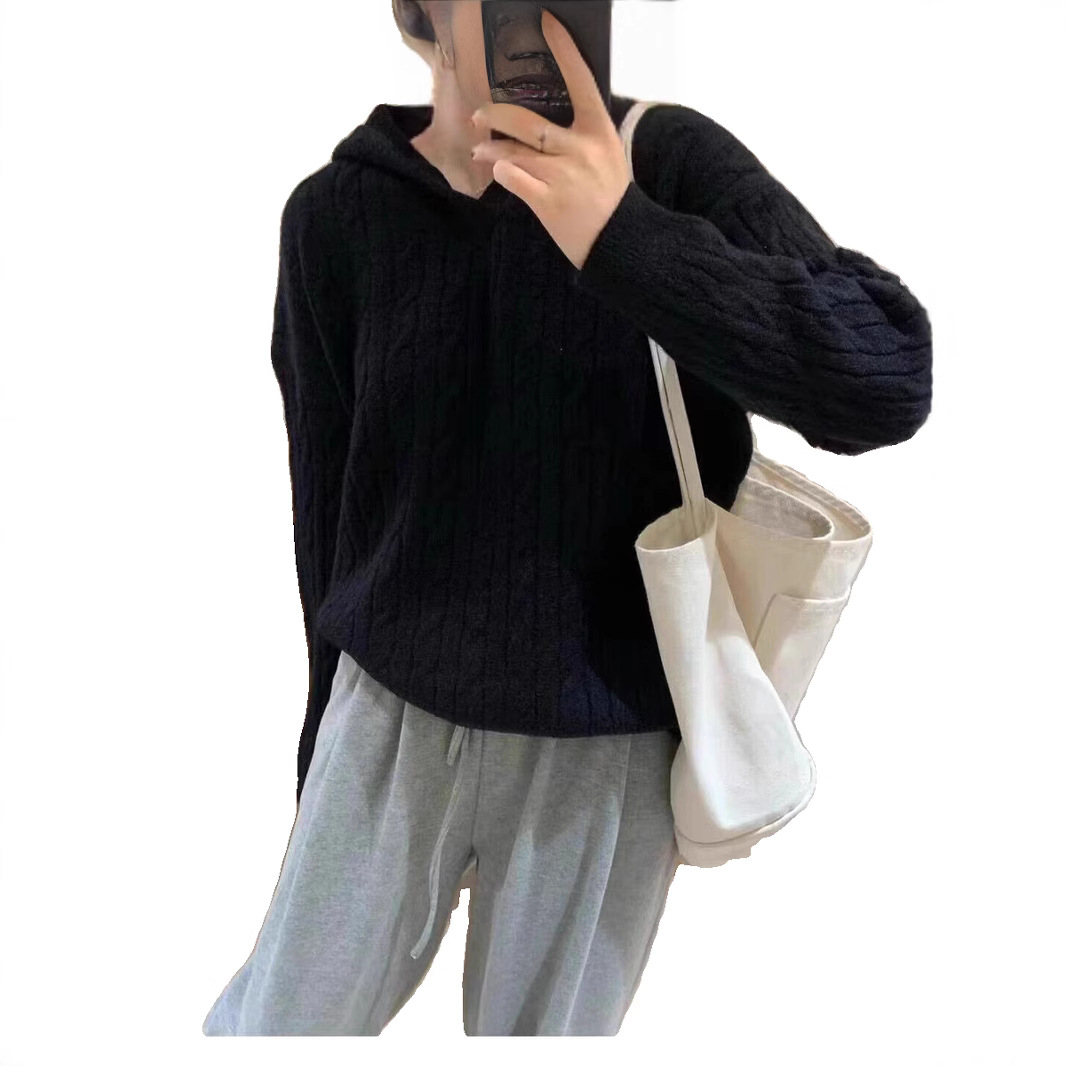 소프트 왁스 레트로 트위스트 후드 스웨터 여성의 가을과 겨울 루즈 2023 새로운 게으른 스타일 두껍게 작은 탑