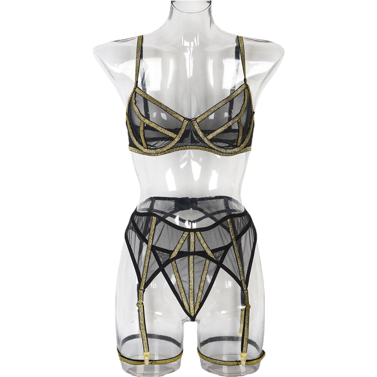 Lencería europea y americana lencería sexy de tres piezas de seda de oro hermosa línea malla costura chica sexy ropa 3343