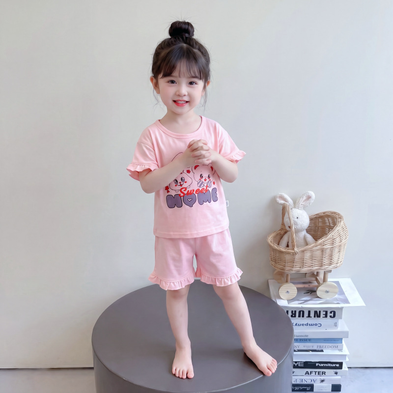 Conjunto de pijamas para niños, algodón puro, nuevo estilo de verano, pantalones cortos holgados de manga corta, ropa para aire acondicionado, estilo fino, ropa de casa para niñas, ropa infantil