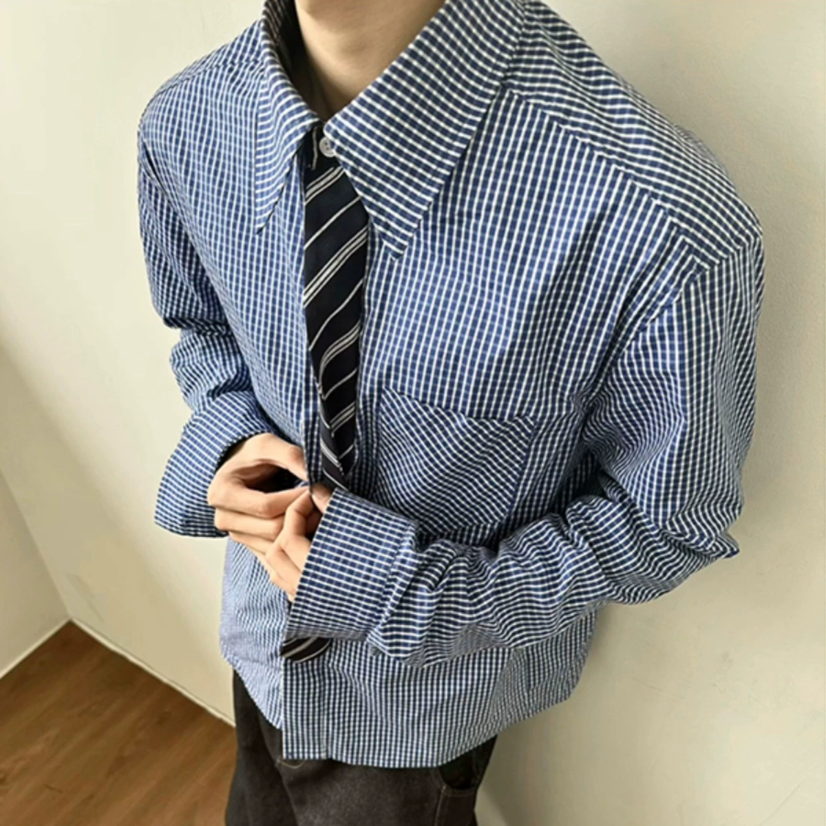 Мужская рубашка в клетку, синяя, двухслойная, длинный рукав, ранняя весна 2025 года, модная, доставка