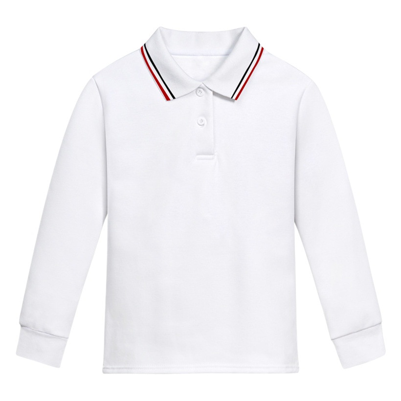 Children's spring and autumn pure white polo shirt Primary School students pure cotton blue school uniform boys and girls striped collar long sleeve solid color T-shirt