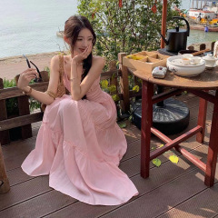 2025 夏ピンクサスペンダースカート女性の春と夏の海辺のドレス甘いケーキロングスカートウエスト A ラインスカート