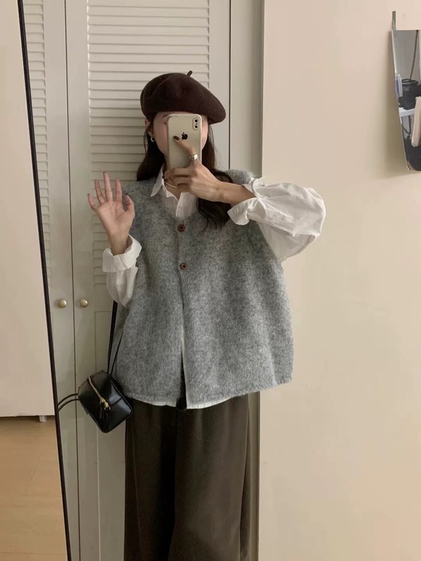 韩版复古百搭简约无袖毛衣马甲女秋季小个子宽松慵懒叠穿针织背心|undefined