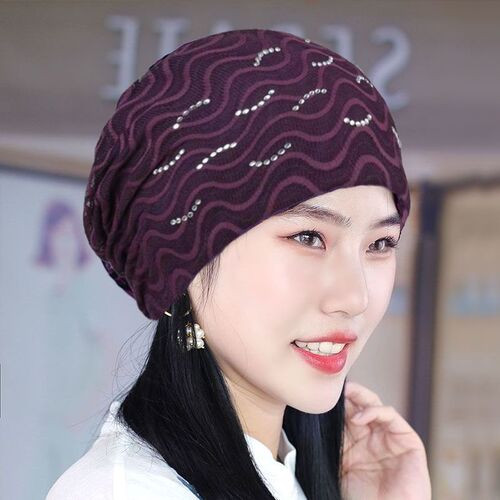 Lace and rhinestone women's spring and summer ultra-lightweight breathable headscarf, new stylish hair cover, white hair cover for postpartum care.