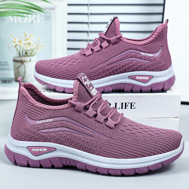 Zapatos zapatos casuales transpirables de verano para mujer, venta al por mayor transfronteriza, zapatos de mujer con cordones tejidos voladores, suela suave, zapatos para correr sin cansarse