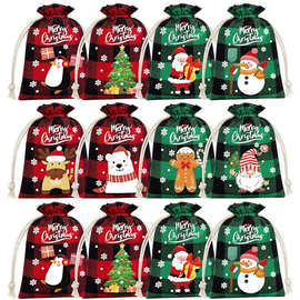 2025圣诞节格子棉麻束口袋粗麻布糖果抽绳收纳袋 儿童圣诞礼品袋