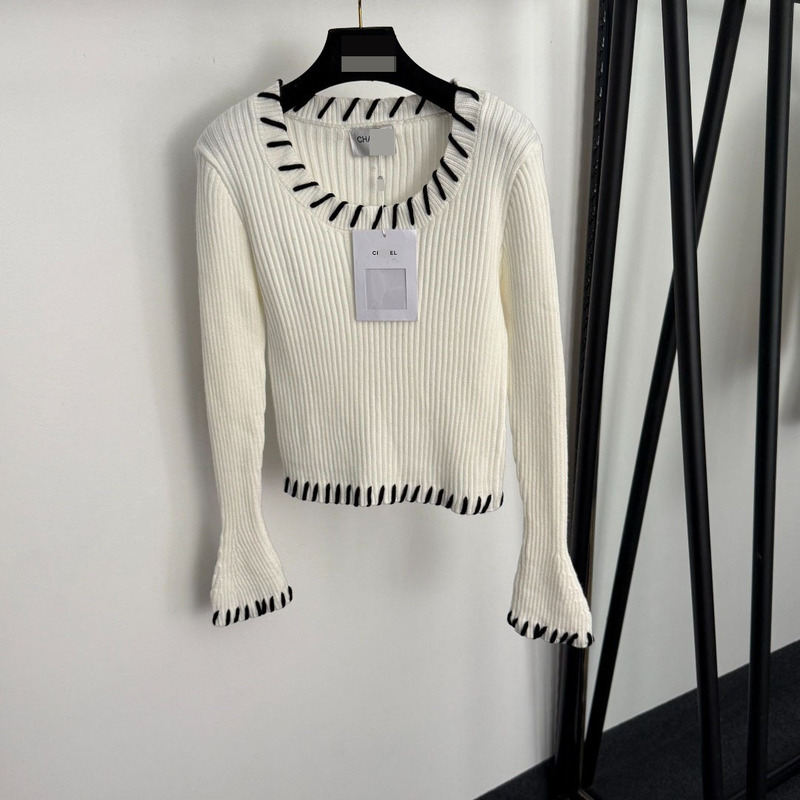 Shenzhen Nanyou High-End Cross-Border Hot-Selling Dopamine Beautiful Women's Black Line Crocheted Trumpet Long-Sleeved Knitwear Top
