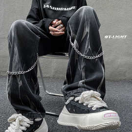 扎染牛仔裤男士直筒宽松阔腿美式高街裤子潮牌痞帅炸街设计感长裤