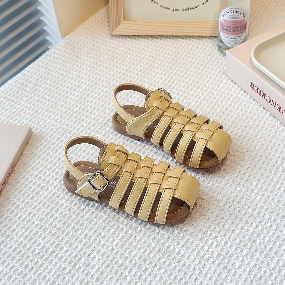 Sandalias romanas tejidas caladas para niñas, estilo coreano, suela blanda, novedad de verano 2026, para combinar con vestidos, zapatos de playa