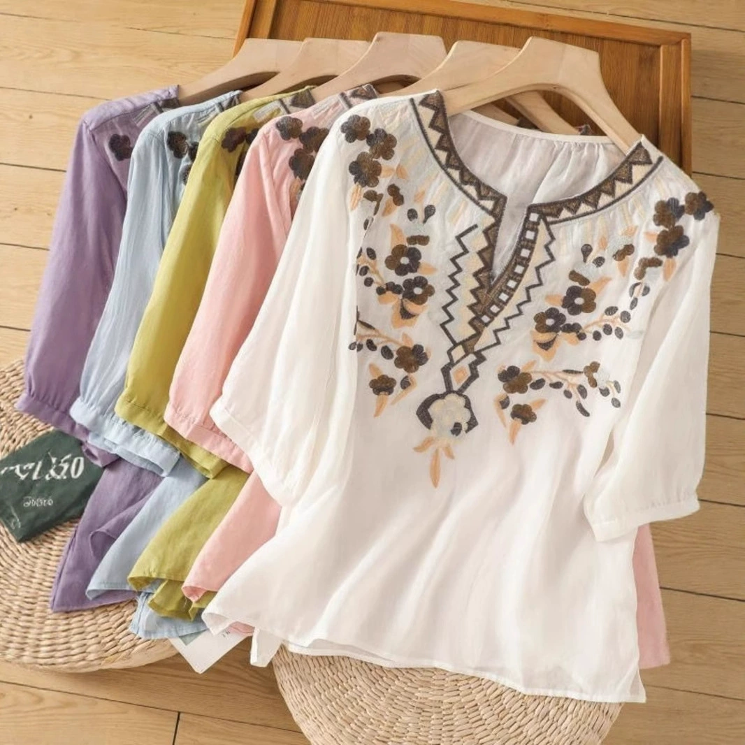 Новая этническая ретро-рубашка из хлопка и льна с тяжелой вышивкой, стильная повседневная летняя рубашка-пуловер, свободный художественный топ