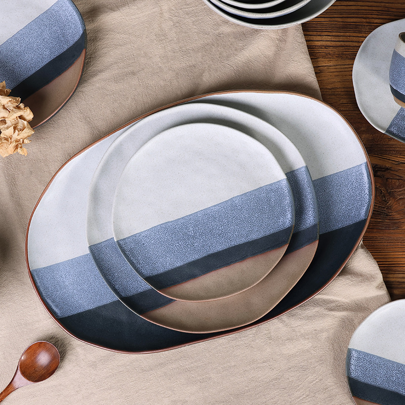 Ceramic Tableware Custom-Made Retro Stoneware Plates Hand-Painted Bowls and Plates Set Asymmetrical Hand-Kneaded Pattern Kiln-Turned Dinner Plates and Dishes