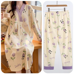 Dress with Chest Pad for Delivery Maternal Examination Postpartum Pregnant Women Pajamas Lactation Pajamas Mid-length dress Maternal plus size