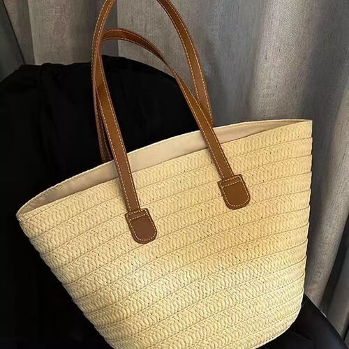 Woven straw bucket bag for women, large capacity vacation beach basket weave tote bag,commuter shopping bag
