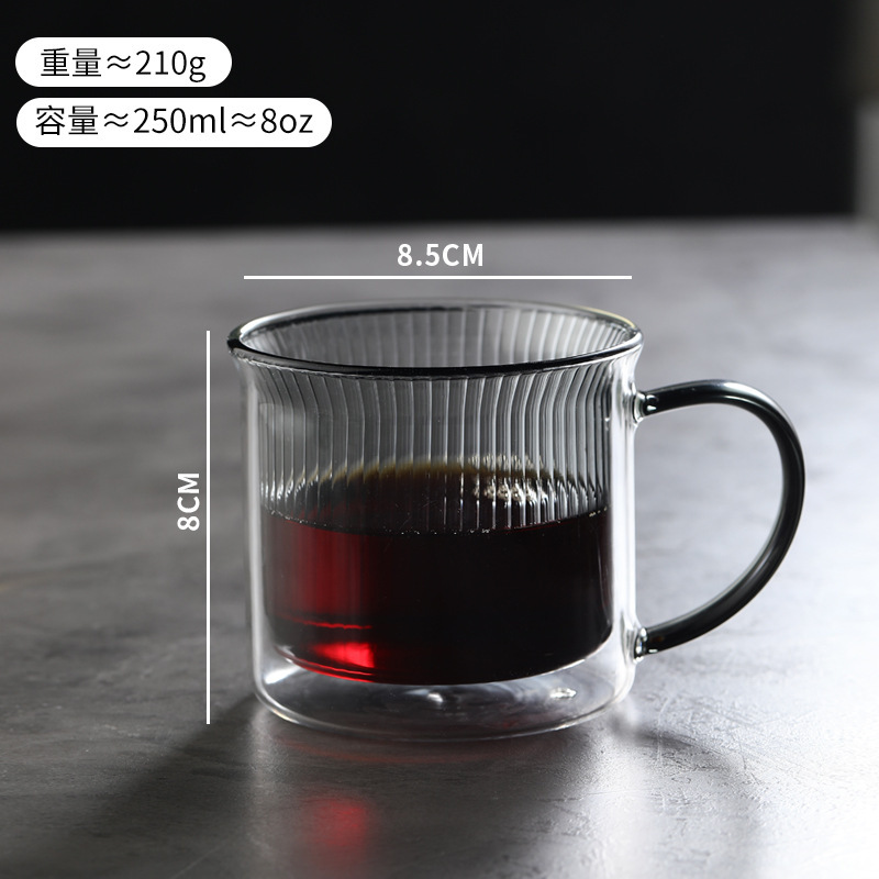 Fabricante al por mayor simple taza de vidrio de doble capa de rayas verticales transparente taza de vidrio resistente a altas temperaturas con mango taza de café de vidrio image 11