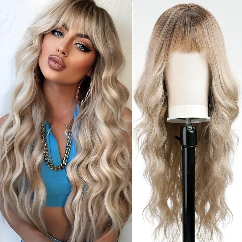 Cross-border wig European and American women's fashion chemical fiber headgear Brown gradient color straight bangs long curly hair water ripple