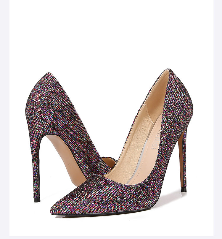 Giày cao gót nữ mũi nhọn gót siêu cao phủ sequins lấp lánh phong cách Âu Mỹ — Màu bạc, Màu sắc, Màu vàng, Màu đỏ chi tiết 34