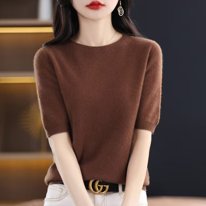 针织短袖薄款上衣女T恤2025春秋半袖羊毛打底衫圆领中袖宽松批发|undefined