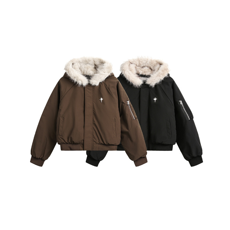 National Fashion Winter Thickened Warm Wool Collar Hooded Cotton-padded Jacket for Men and Women American Street Fashion Loose Short Cotton-padded Jacket National Fashion Winter Thickened Warm Wool Collar Hooded Cotton-padded Jacket for Men and Women American Street Fashion Loose Short Cotton-padded Jacket