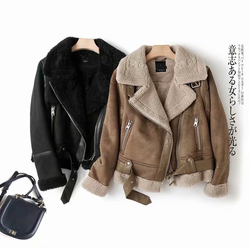 Foreign Trade Cross-Border Winter European and American New Women's Clothing Double-Sided Fur All-In-One Suede Motorcycle Jacket for Women