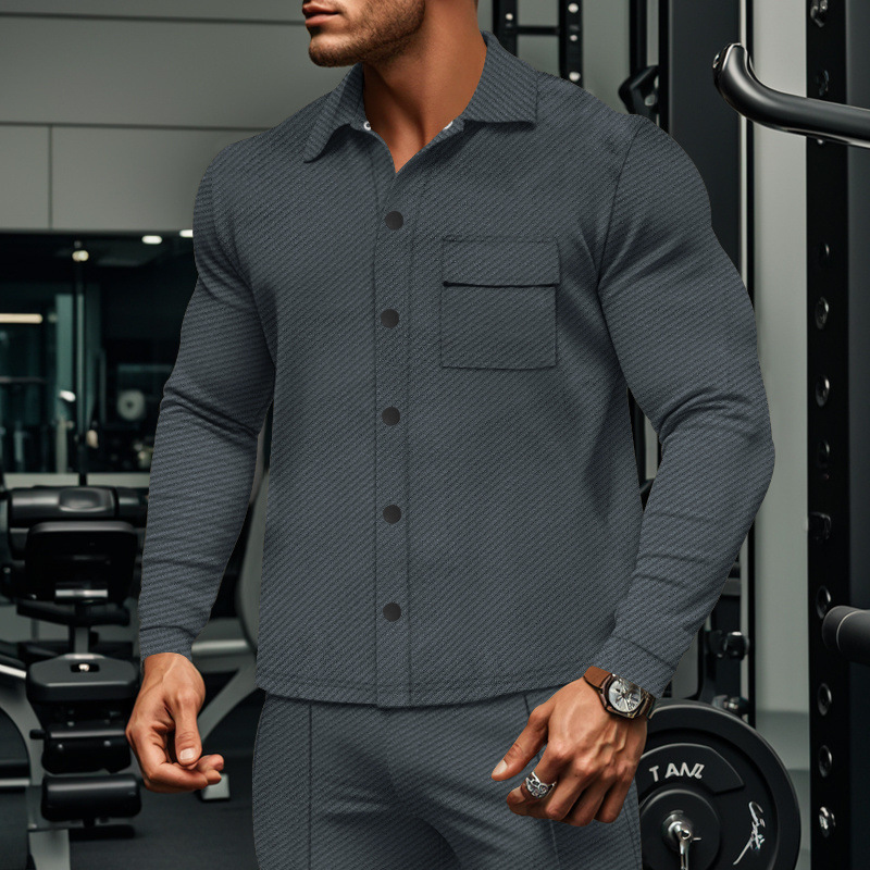 Cross-Border Autumn Casual Men's Heavyweight Twill Turn-Down Collar Long Sleeve Top European And American_voghion.com