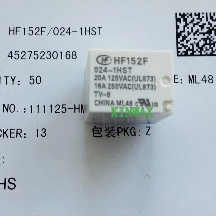 继电器HF152F-024-1HS 24VDC一组常开4脚17A277VAC白壳