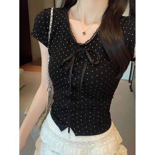 French print polka dots slim slimming black T-shirt spliced lace small short sleeve V-neck summer new style