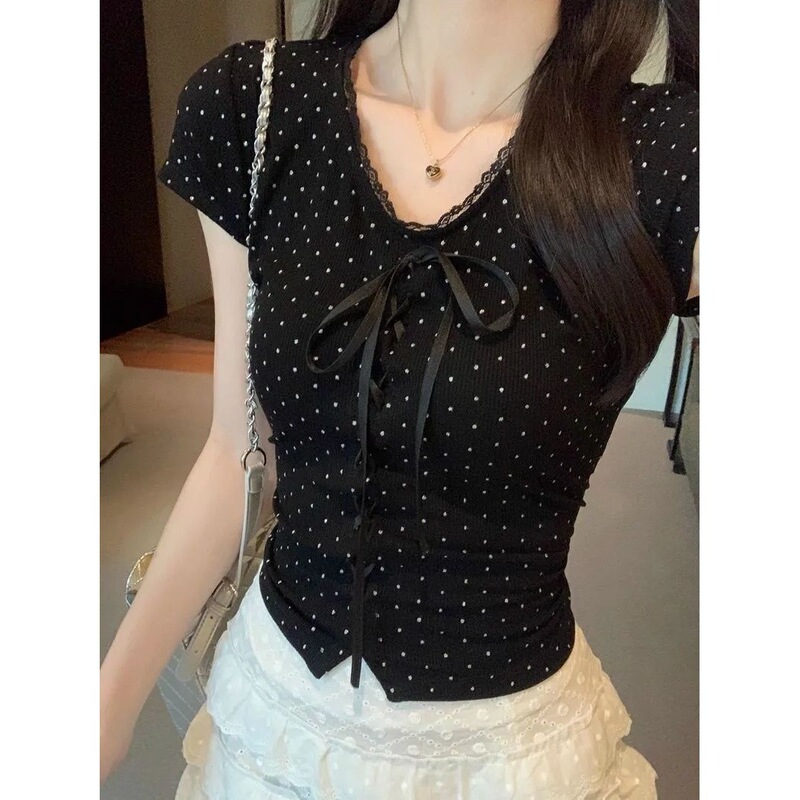 French Printed Polar Dot Slim-fit Slimming Black T-shirt Stitching Lace Short-sleeved V-neck Summer New