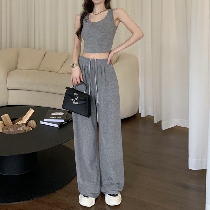 Autumn Lazy Pure Desire Short Style with Naked Navel for Slimming Tank Top, High Waist, Hanging Wide Leg Pants,_voghion.com