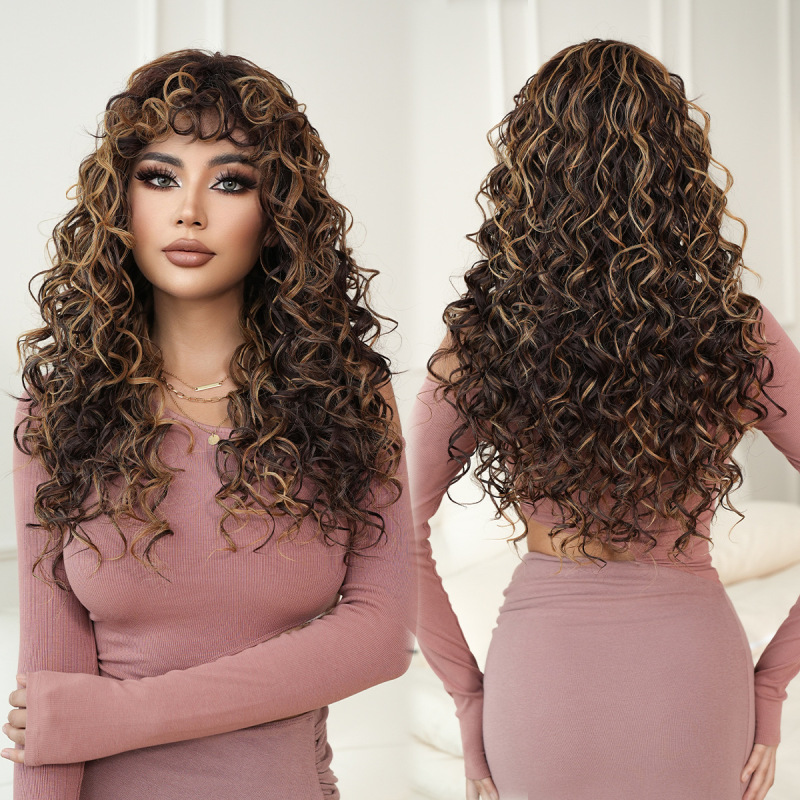 新しいホットガールアジアンハニーゴールドカーリーヘア黒人スプリングカーリーロングヘア前髪付き化学繊維機械製ウィッグ|undefined