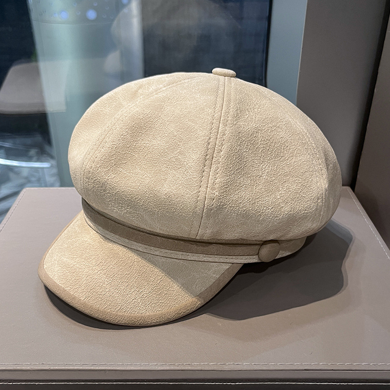 2024 nuevo sombrero octogonal de cuero PU mujeres otoño invierno color coincidente sombrero de lengua de pato hombre calle casual cara gorra de periódico pequeño