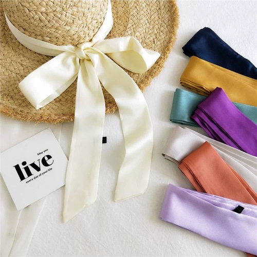 Summer Korean Version New Solid Color Silk Scarf Simulated Silk Hair Tie Headband Hat Decoration Ribbon Tied Neck Scarf