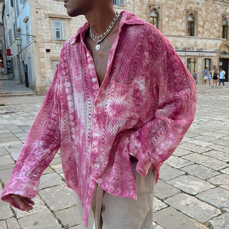 Casual Dipped Hollow Lace Shirt Men's Shirt European Station Men's Summer Casual Fashion Trendy Top Casual Dipped Hollow Lace Shirt Men's Shirt European Station Men's Summer Casual Fashion Trendy Top
