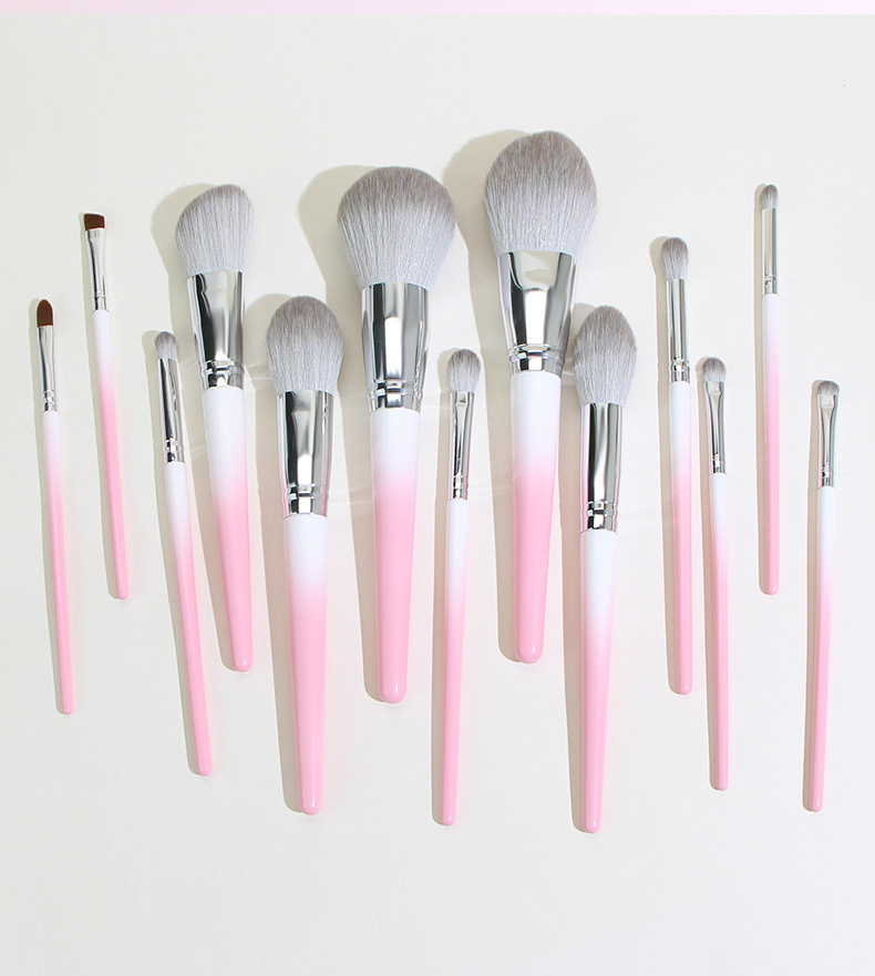 13 Pcs Gradient Color Pink Grey Fiber Wool Full Set Beauty Makeup Brush Set display picture 3