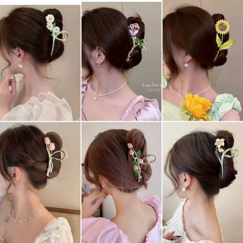 春季爆款手绘画油花朵发夹女甜美少女气质抓夹后脑勺鲨鱼夹子发抓