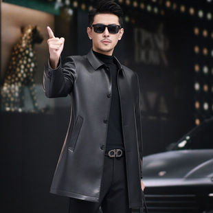 Top Sheepskin Genuine Leather Men's Autumn and Winter Mid-length Sheepskin Coat Lapel High-grade Light Luxury Leather Jacket