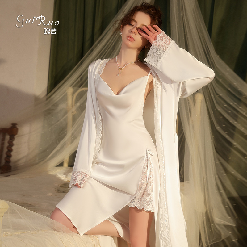Guiruo Underwear Deep V Hot Swing Collar Sexy Lace Slit Skirt Smooth Satin Nightgown Outer Robe Set 5511 Guiruo Underwear Deep V Hot Swing Collar Sexy Lace Slit Skirt Smooth Satin Nightgown Outer Robe Set 5511