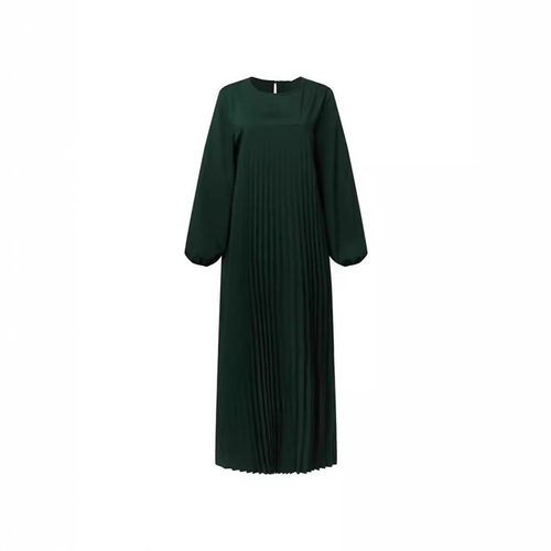 Women's Muslim Arabic temperament elegant pleated skirt solid color simple round neck long-sleeved wrinkled loose dress